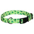 Green frog-print dog collar with black buckle and D-ring, fabric webbing