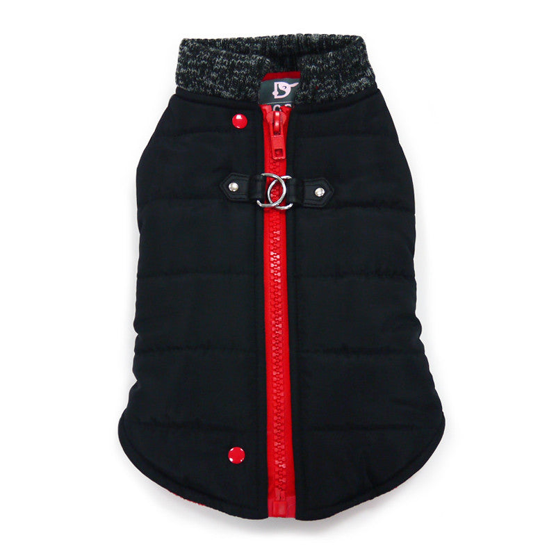 Black padded dog coat with gray knit collar, red zipper, and snaps