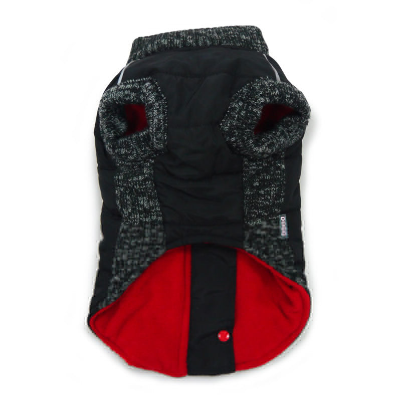 Black dog coat back with gray knit panel and red inner lining