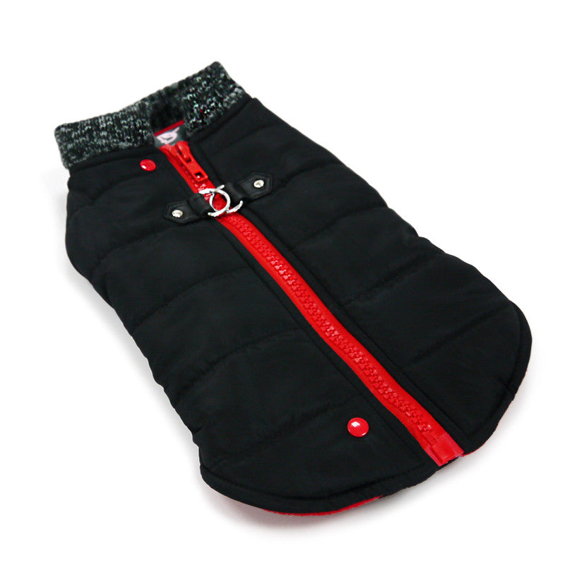 Black padded dog coat with red center zipper and snap buttons