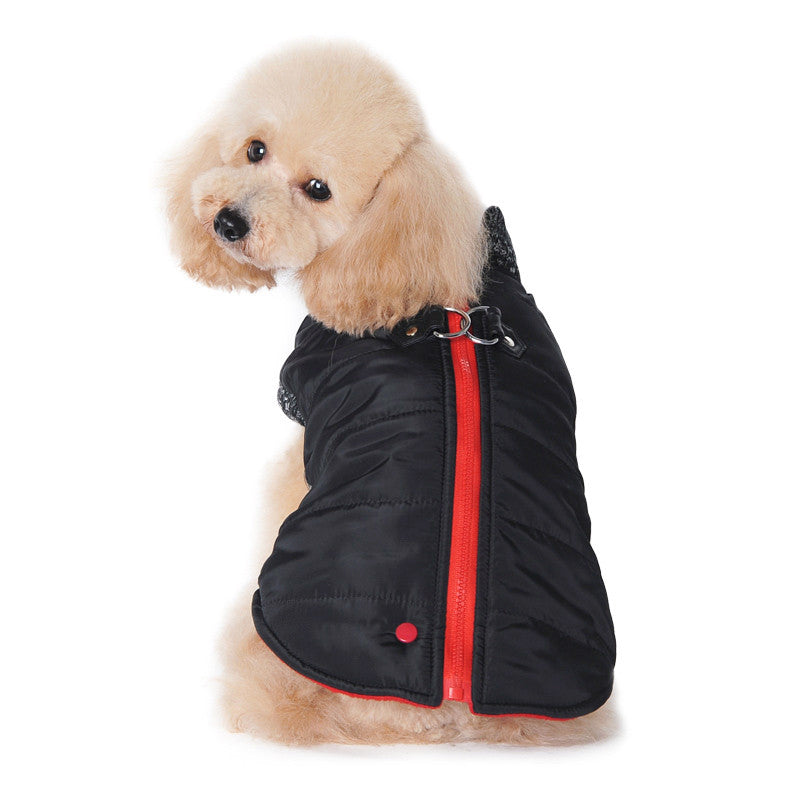 Black padded dog coat with red zipper and front harness D-ring