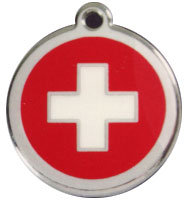 Round stainless steel dog ID tag with red enamel and white cross detail, small