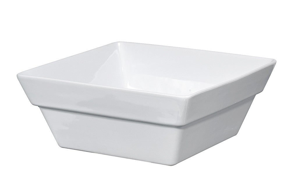 White ceramic dog bowl with square shape and shallow rim