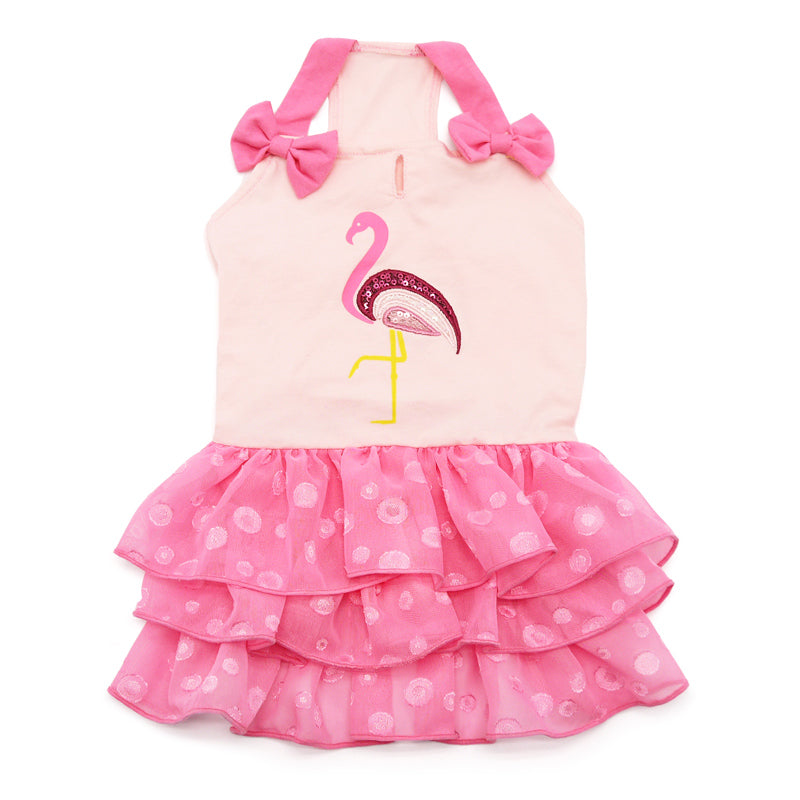 Pink flamingo dog dress with ruffled layered tulle skirt and bow straps