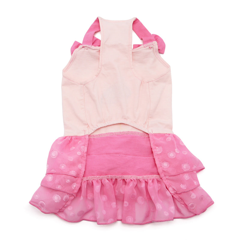 Light pink dog dress back panel with double bow shoulder details and ruffled hem