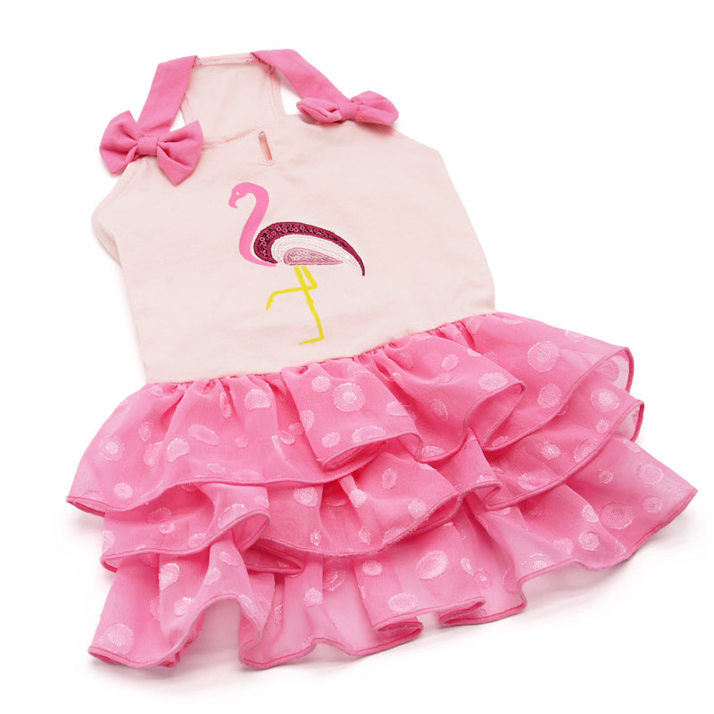 Pink flamingo dog dress with layered tulle skirt and bow accents