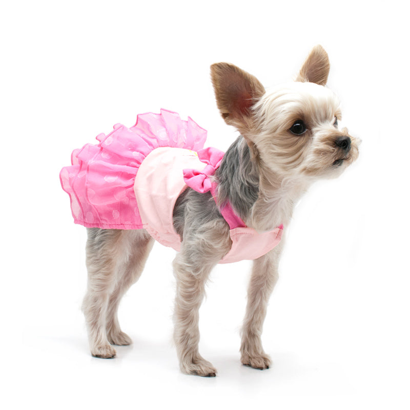 Pink flamingo sequined dog dress with layered tulle skirt and bow shoulder ruffles