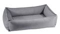 Urban Lounger dog bed in gray fabric with raised bolstered sides and low rectangular base