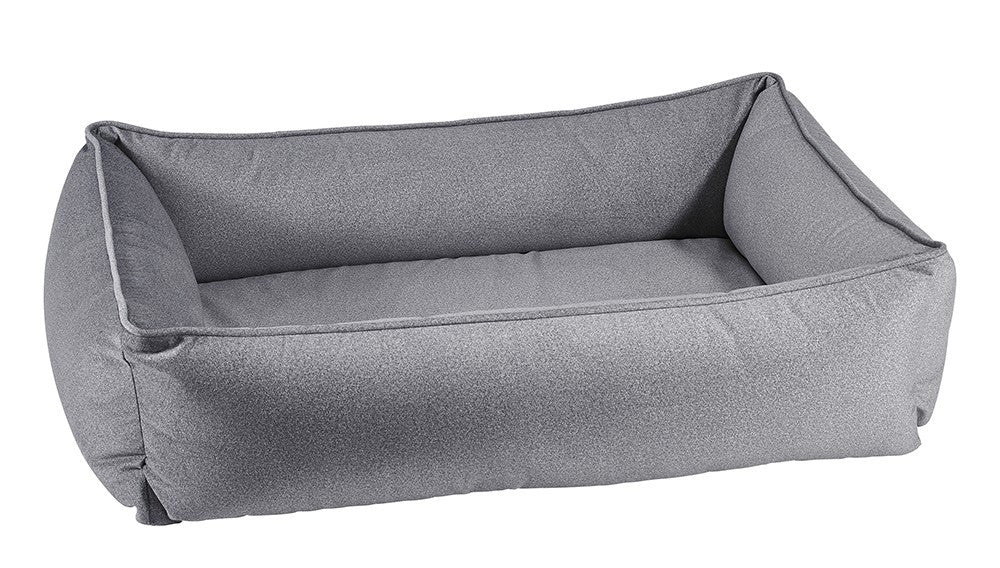 Urban Lounger dog bed in gray fabric with raised bolstered sides and low rectangular base