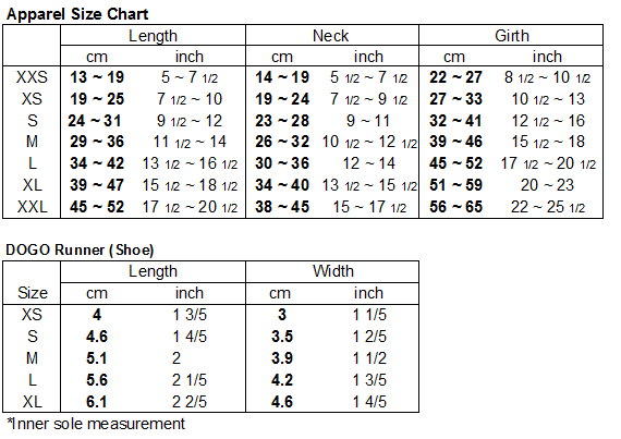 Pet apparel size chart with measurements for neck, length, girth, and runner shoe width