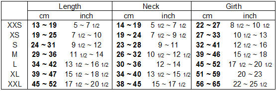 Size chart showing Length, Neck, and Girth measurements in cm and inches