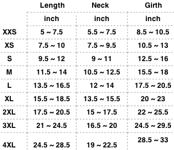 Size chart table for dog jacket showing Length, Neck, and Girth (in inches)