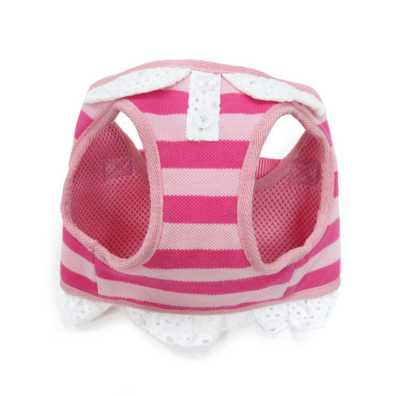 Pink and white striped dog harness with mesh sides and white trim