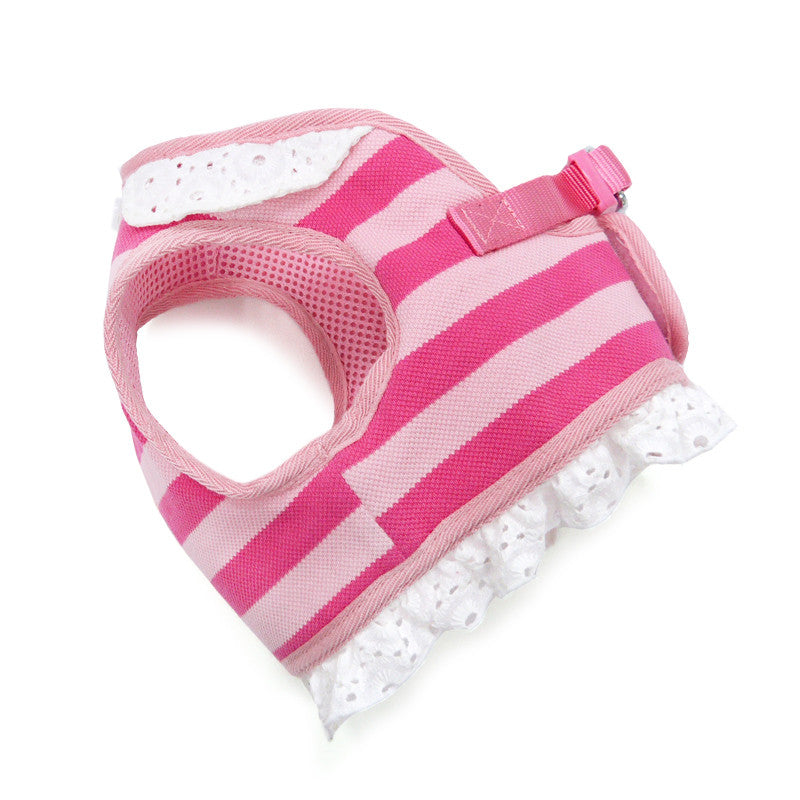 Pink striped dog harness with adjustable strap and white lace trim