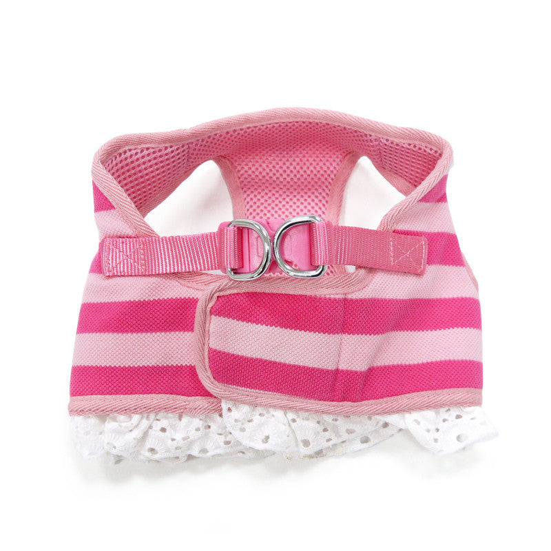 Pink striped dog harness with D-ring and adjustable straps