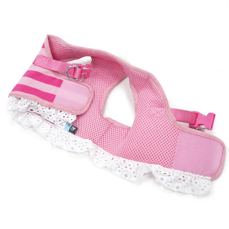 Pink striped dog harness with leash loop and white ruffle trim