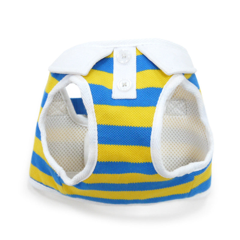 Blue-yellow striped dog polo harness with mesh-lined arm openings and snap buttons