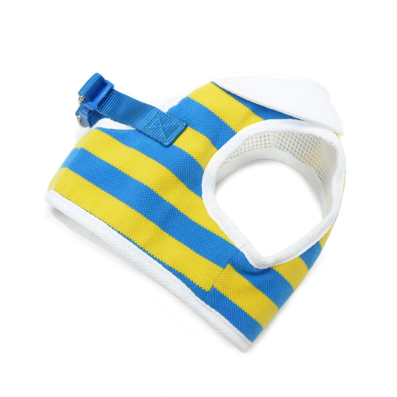 Dog polo harness with blue neck strap and blue-yellow striped body, snap top