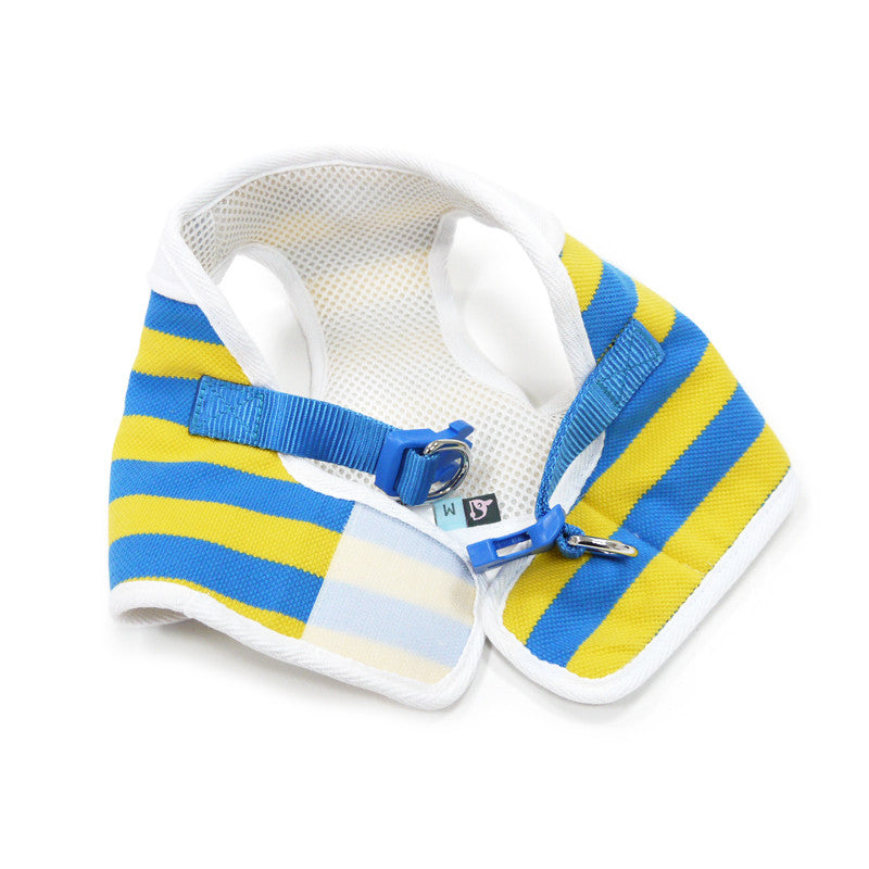 Dog polo harness with blue buckle and leash connector, blue-yellow striped fabric