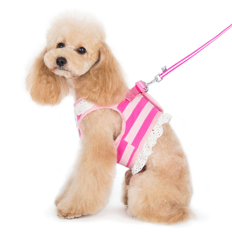 Pink striped dog harness with leash clip and white trim