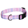 Pink and blue plaid dog collar with black buckle and metal D-ring