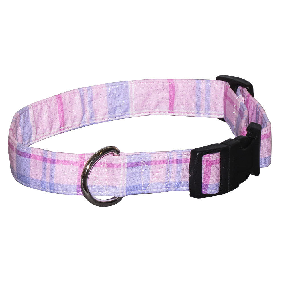 Pink and blue plaid dog collar with black buckle and metal D-ring