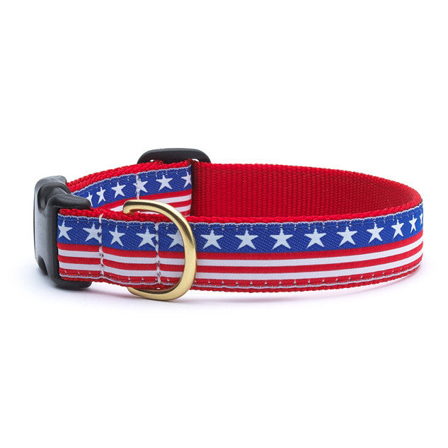 Stars-and-stripes dog collar with red webbing, gold buckle, and D-ring