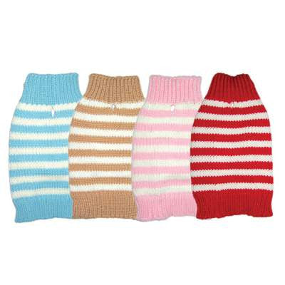 Striped dog sweater assortment: blue, beige, pink, and red ribbed knit