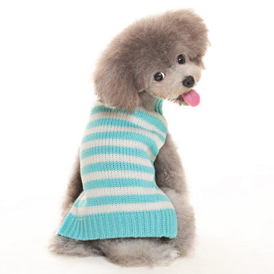 Light blue-and-white striped knit dog sweater with ribbed collar and hem