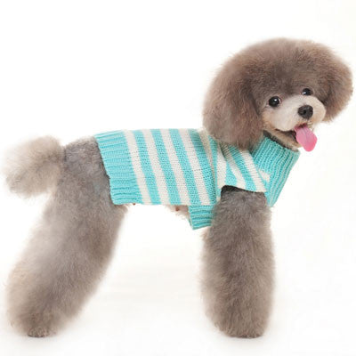 Teal-and-white striped knit dog sweater with ribbed collar and sleeves