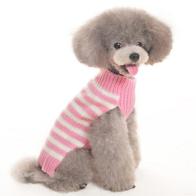 Pink-and-white striped knit dog sweater with ribbed neck and cuffs