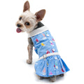 Blue dog dress with sailboat print, white collar, button front and gathered skirt