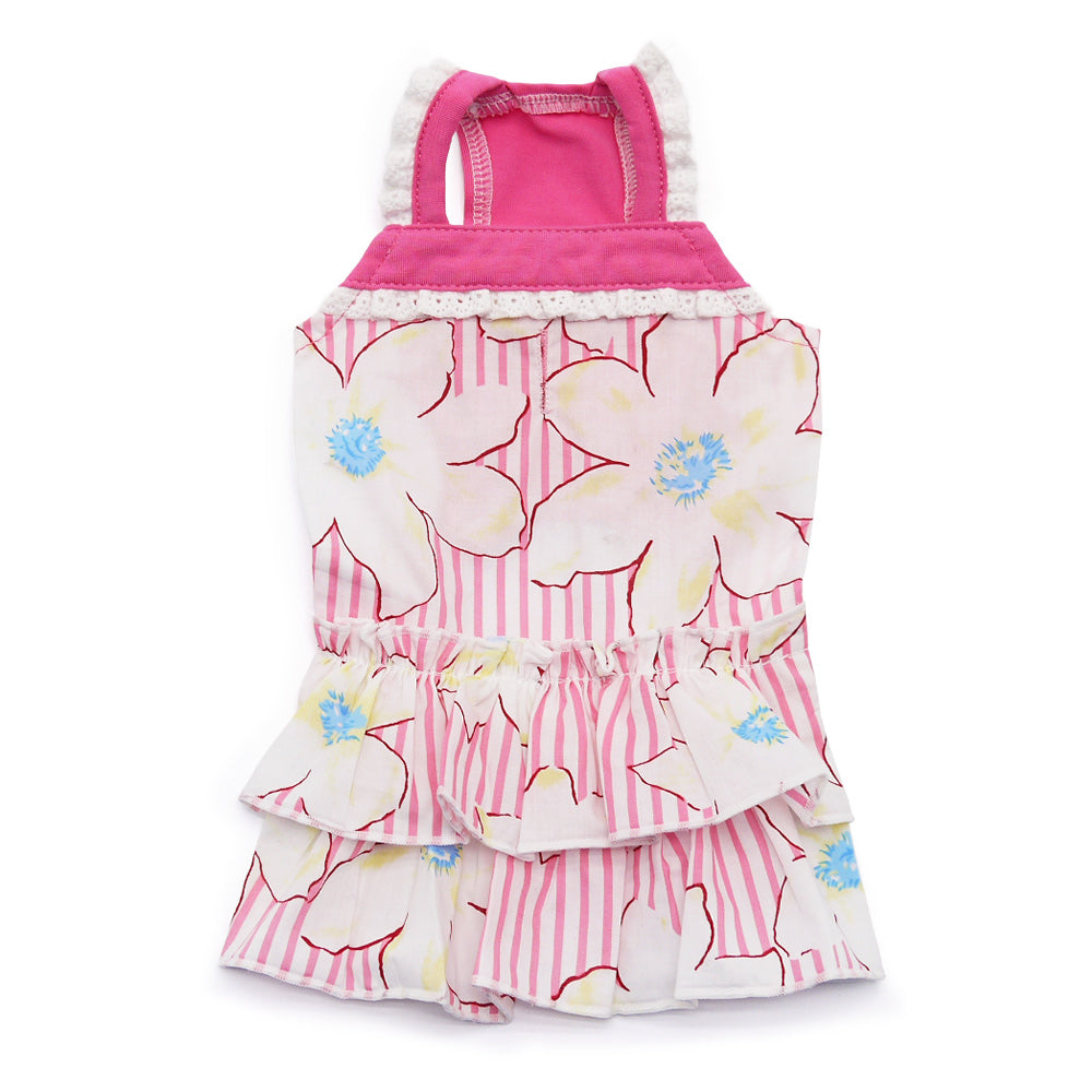 Sleeveless dog dress in white with pink stripes, blue flower print, and ruffle layers
