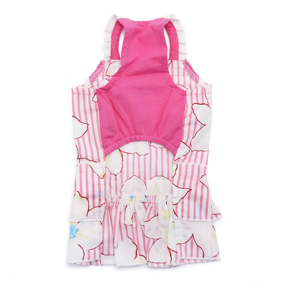 Pink pet dress with scooped neck, white base, pink stripe and flower pattern