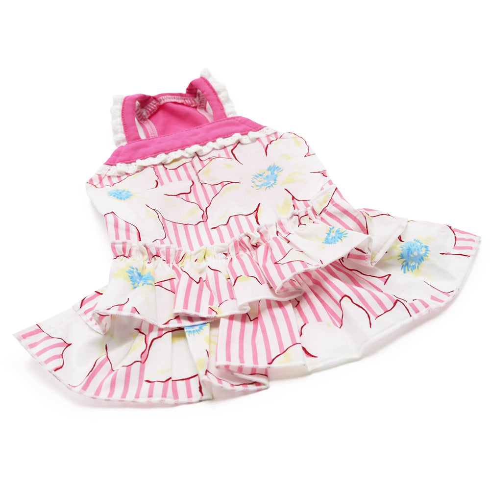 White dog dress with pink striped floral print, tiered ruffles, and pink shoulder straps
