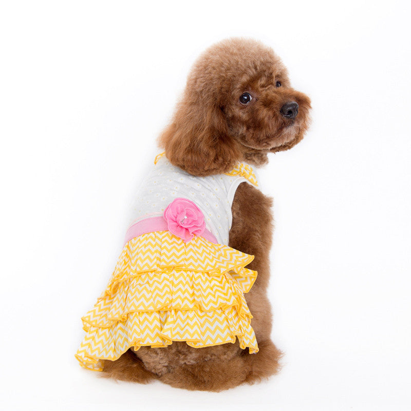 Dogo Sunshine chevron dog dress with white bodice, yellow skirt, pink flower accent