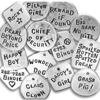 Round and oval stamped dog tag set with assorted phrases and paw/heart icons