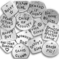 Round and oval stamped dog tag set with assorted phrases and paw/heart icons