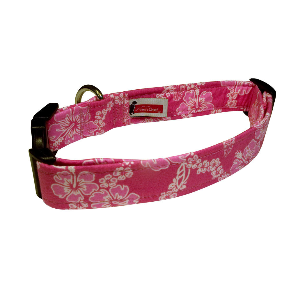 Pink dog collar with white floral and surfboard pattern, adjustable buckle and ring