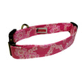 Pink dog collar with white floral and surfboard pattern, adjustable buckle and ring