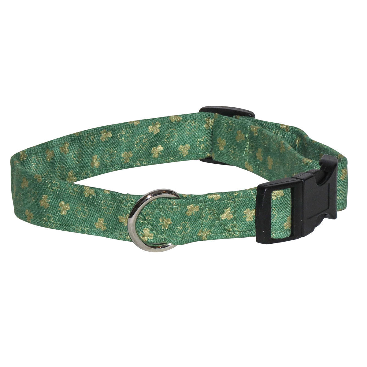 Light green dog collar with gold buckle and black plastic clasp, allover pattern fabric