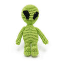 Crocheted green alien dog toy with black eyes, standing full-body design