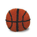 Crocheted basketball-shaped dog toy with squeaker, orange and dark stripe pattern