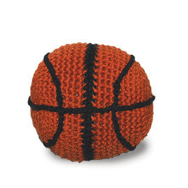 Crocheted basketball-shaped dog toy with squeaker, orange and dark stripe pattern