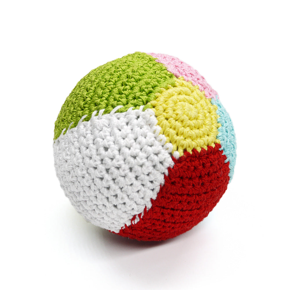 Crocheted dog ball toy with squeaker, multicolor panels (green, pink, yellow, blue, red)