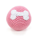 Pink crochet dog ball toy with white bone applique
