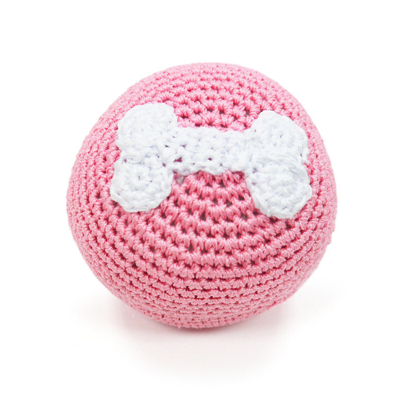 Pink crochet dog ball toy with white bone applique