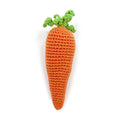 Crochet orange carrot dog toy with green leafy top