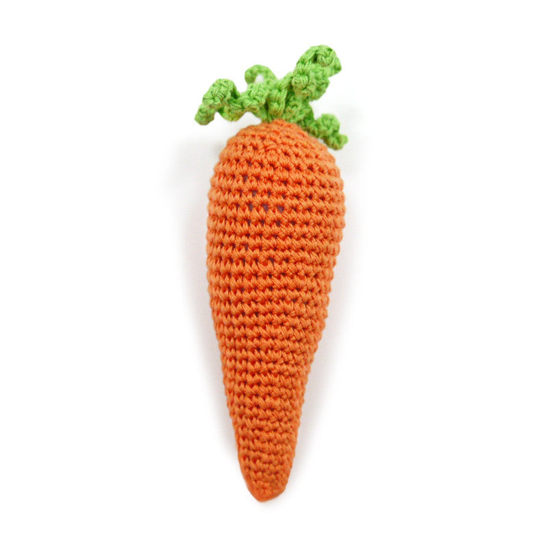 Crochet orange carrot dog toy with green leafy top
