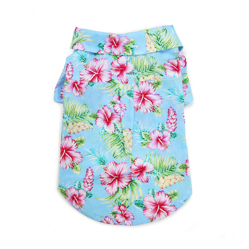 Light blue dog shirt with tropical floral pattern and button placket
